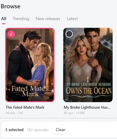 Browse on the All shelf: selected posters have a coral ring and a filled check mark, an unselected one shows an empty round mark, and the selection bar at the bottom of the window reads 3 selected, 182 episodes, with Clear