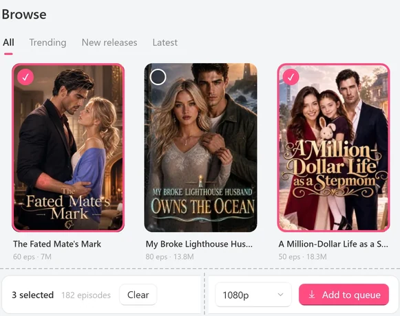 Browse on the All shelf: selected posters have a coral ring and a filled check mark, an unselected one shows an empty round mark, and the selection bar at the bottom of the window reads 3 selected, 182 episodes, with Clear