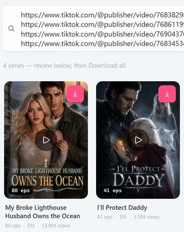 The Download box holding four pasted drama links, one per line, the line 4 series — review below, then Download all under it, and four posters with their titles and episode counts