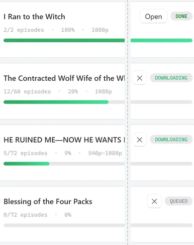 The Queue holding four series: one DONE, two DOWNLOADING side by side with progress bars, and one QUEUED at 0 of 72 episodes