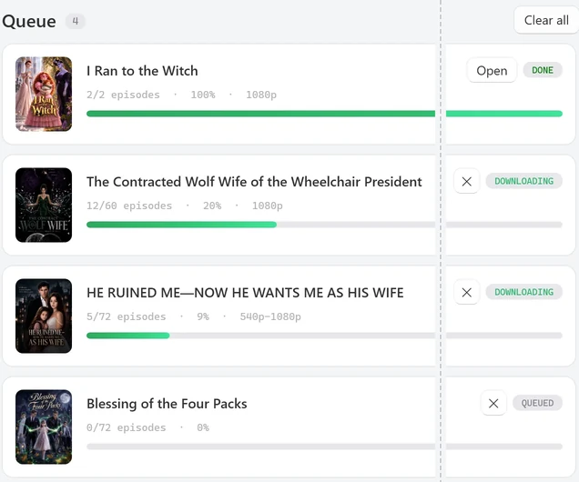 The Queue holding four series: one DONE, two DOWNLOADING side by side with progress bars, and one QUEUED at 0 of 72 episodes
