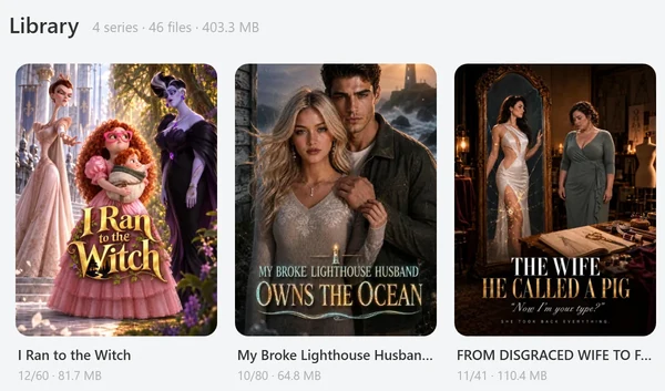 The Library tab with saved series shown as cover cards. The header reads 4 series, 46 files, 403.3 MB, and each card shows the episodes saved out of the total, such as 12/60, and the size of the series.