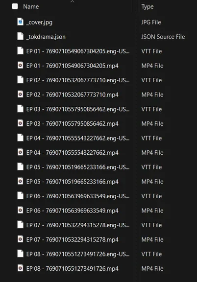 File Explorer listing a saved 8-episode series folder: _cover.jpg, _tokdrama.json, and for each episode from EP 01 to EP 08 a VTT subtitle file and an MP4 file