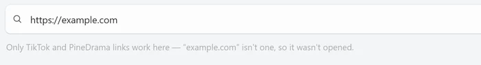 The Download box with https://example.com and, just under it, the message Only TikTok and PineDrama links work here — “example.com” isn’t one, so it wasn’t opened.