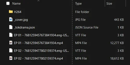 File Explorer showing a series folder with an H264 folder at the top, then _cover.jpg, _tokdrama.json, and the EP 01 and EP 02 MP4 and VTT files