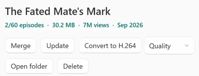 The top of a Library series window: the title, the line 2/60 episodes, 30.2 MB, and the buttons Merge, Update, Convert to H.264, a preset box set to Quality, Merge H.264, Open folder and Delete