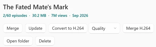 The top of a Library series window: the title, the line 2/60 episodes, 30.2 MB, and the buttons Merge, Update, Convert to H.264, a preset box set to Quality, Merge H.264, Open folder and Delete