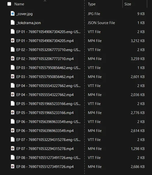 File Explorer listing a saved series folder: _cover.jpg, _tokdrama.json, and for each episode from EP 01 to EP 08 an MP4 file and a VTT subtitle file