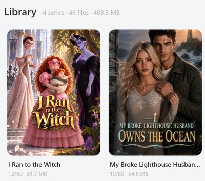 The Library header reading 4 series · 46 files · 403.3 MB above cover cards, each with a title and a line such as 12/60 · 81.7 MB