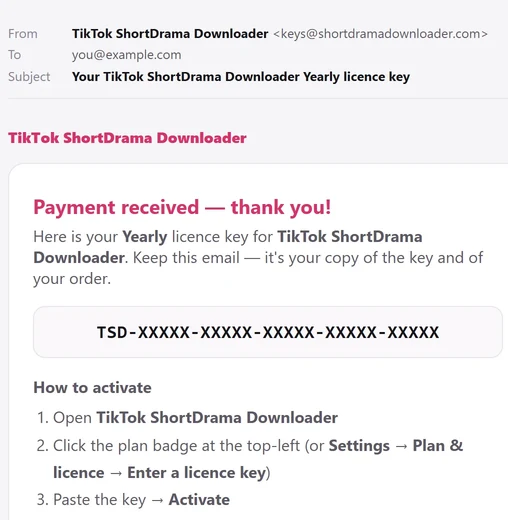 Example of the licence key email: from TikTok ShortDrama Downloader (keys@shortdramadownloader.com) to you@example.com, the subject Your TikTok ShortDrama Downloader Yearly licence key, the heading Payment received — thank you!, the key TSD-XXXXX-XXXXX-XXXXX-XXXXX-XXXXX in a box and the How to activate steps