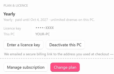 The PLAN & LICENCE card on a Yearly plan after a click on Manage subscription, with the line starting We emailed a secure billing link to the address you used at checkout — under the buttons