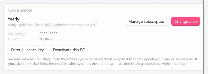 The PLAN & LICENCE card on a Yearly plan after a click on Manage subscription, with the line starting We emailed a secure billing link to the address you used at checkout — under the buttons