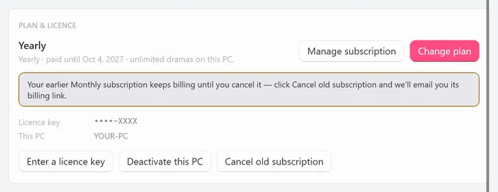 The PLAN & LICENCE card on the new Yearly plan with the reminder starting Your earlier Monthly subscription keeps billing until you cancel it, and the Cancel old subscription button