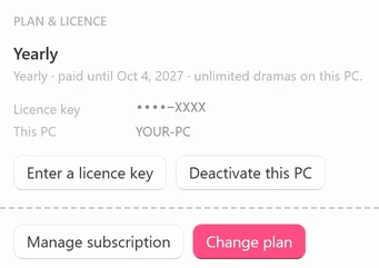 The PLAN & LICENCE card on a Yearly plan: Yearly · paid until Oct 4, 2027 · unlimited dramas on this PC., Licence key ••••-XXXX, This PC YOUR-PC, and the buttons Manage subscription, Change plan, Enter a licence key and Deactivate this PC