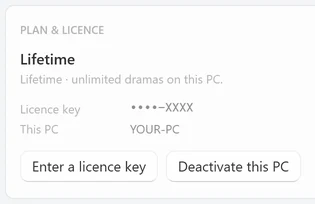 The PLAN & LICENCE card in Settings on a Lifetime plan: Lifetime · unlimited dramas on this PC., Licence key ••••-XXXX, This PC YOUR-PC, and the buttons Enter a licence key and Deactivate this PC