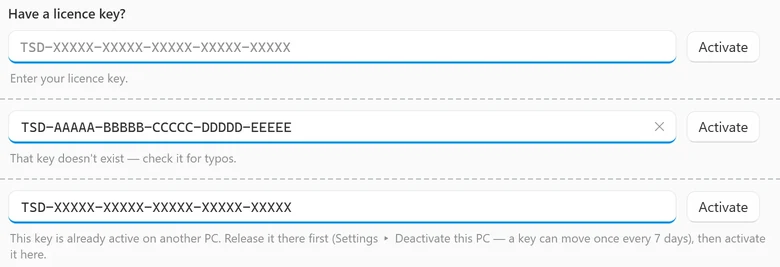 The Have a licence key? box of the Upgrade window and the line the app shows under it after three tries: Enter your licence key. for an empty box, That key doesn’t exist — check it for typos. for a made-up key, and a line starting This key is already active on another PC. for a key that’s active on another PC