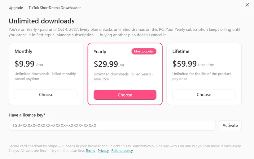 The reminder in the Upgrade window opened with Change plan on a Yearly plan: Your Yearly subscription keeps billing until you cancel it in Settings ▸ Manage subscription — buying another plan doesn’t cancel it.