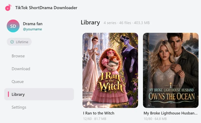 The Library under the window title TikTok ShortDrama Downloader, with saved series shown as cover tiles, each with the number of episodes saved and the size