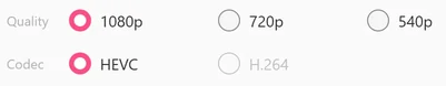 The Quality row of the episode picker with 1080p selected, and the Codec row with HEVC selected and H.264 grayed out