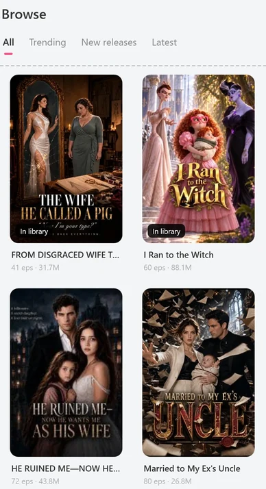 The Browse tab with All, Trending, New releases and Latest shelves and a grid of drama posters with episode counts from 41 to 80, several marked In library.