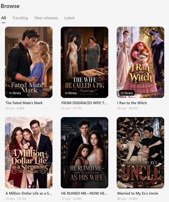 The Browse tab with All, Trending, New releases and Latest shelves and a grid of drama posters with episode counts from 41 to 80, several marked In library.